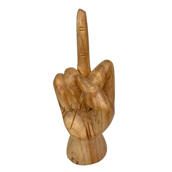 Carved Wooden Flipping The Bird Hand Gesture Statue Natural Finish Home Decor - Picture 9 of 10